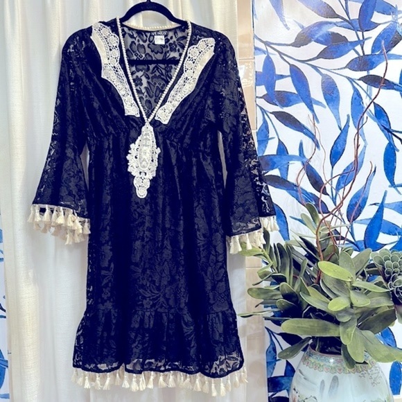 NWOT Women’s Venus Black Lace V Neck Tassels Dress Beach Cover Up Size 6 - Picture 1 of 6